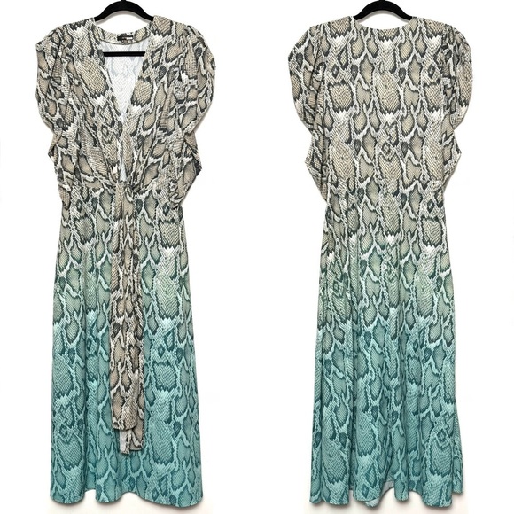 AFRM Teal Ombre Colorblock Snake Print Puff Sleeve Tie Plunge V-Neck Dress XS - Picture 4 of 7
